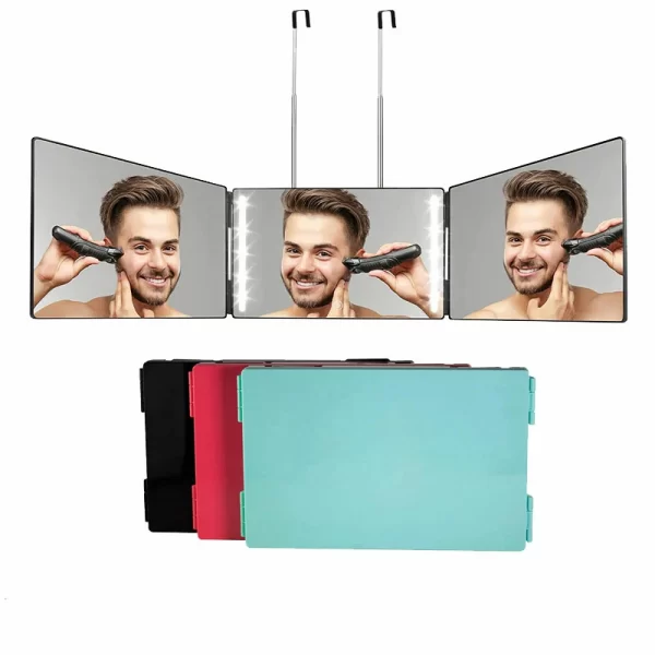Hairdressing mirror with retractable suspension three fold makeup led mirror simple European style led three fold mirror (17)
